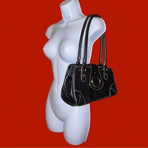 Y2K Goth Alt Glam Black Leather Handbag w/Contrast Stitching & Silver Hardware